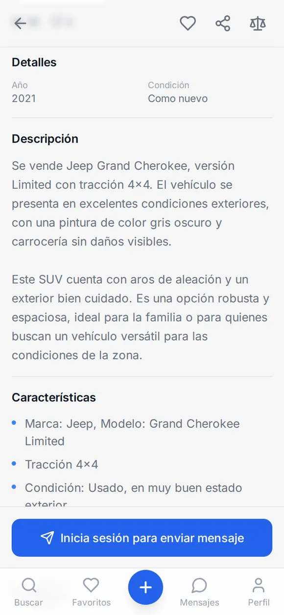 Captura: detalles y descripción de un vehículo