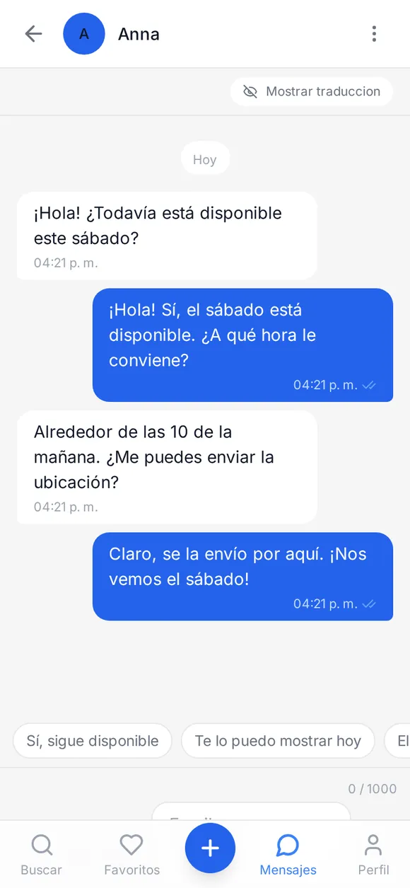 Captura: chat donde la clienta escribió en inglés y se lee en español
